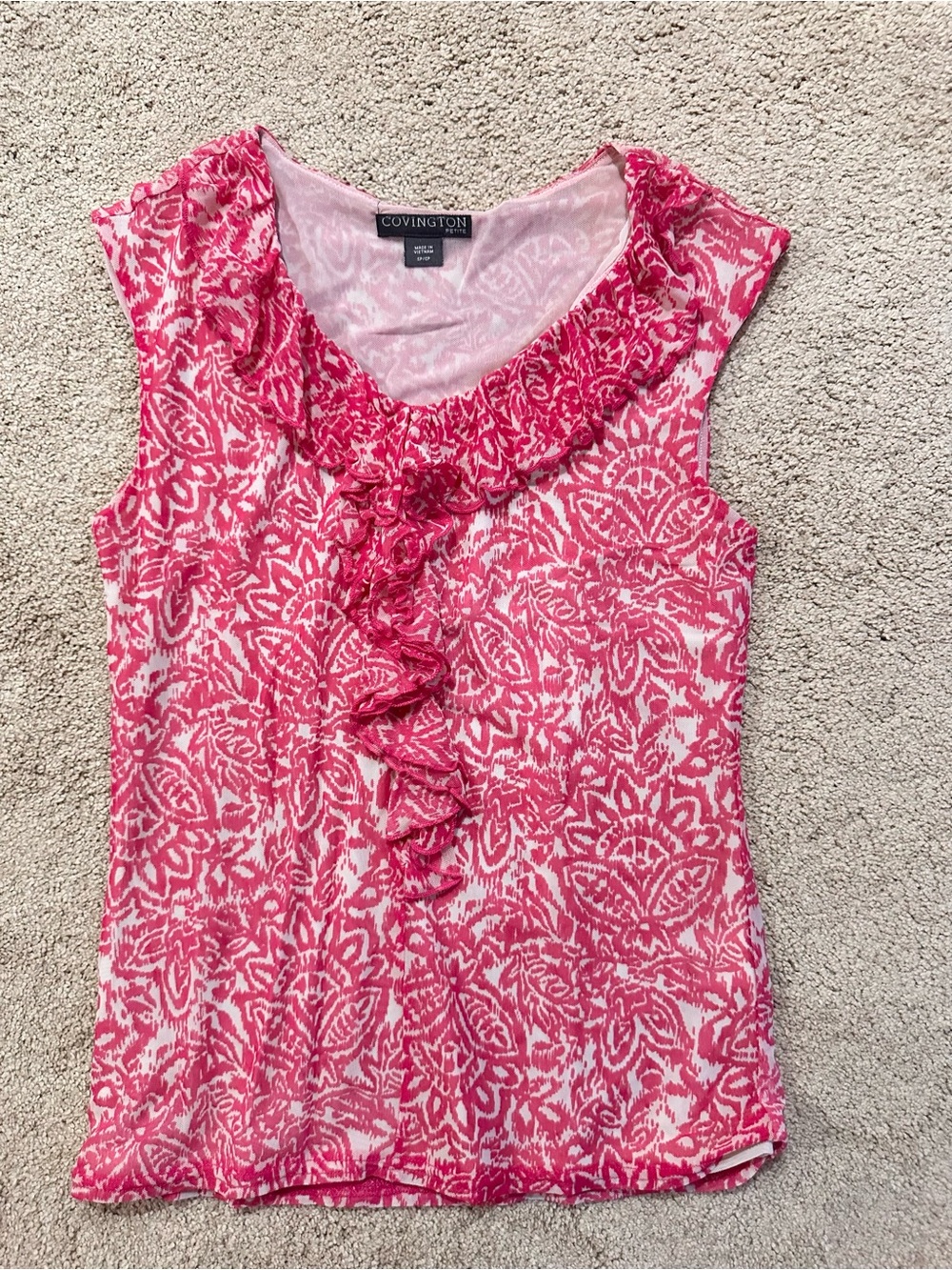 S Covington Pink Floral Ruffle Sleeveless Top